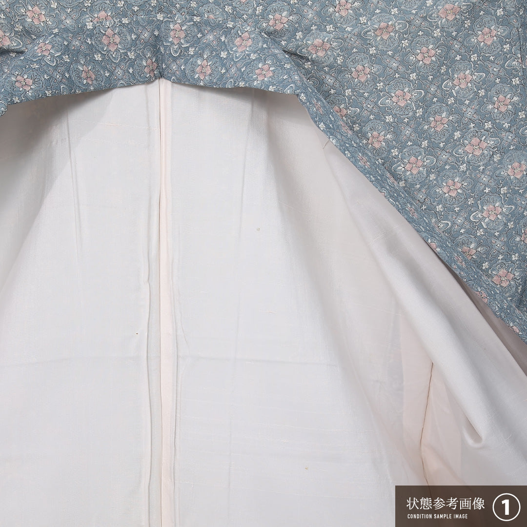 小紋 袷 身丈161cm 裄丈63cm 正絹 Aランク インフォーマル バチ衿 Lサイズ 花菱 水色系 RP 1221-12012
