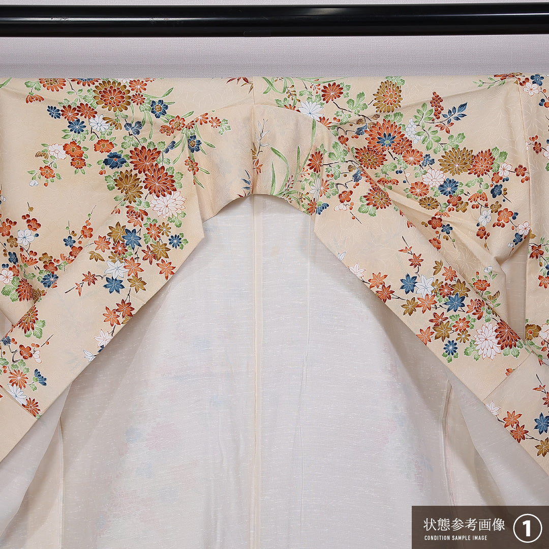 小紋 袷 身丈153cm 裄丈63cm 正絹 Aランク インフォーマル 広衿 Sサイズ 四季草花 クリーム系 RP 1221-11249