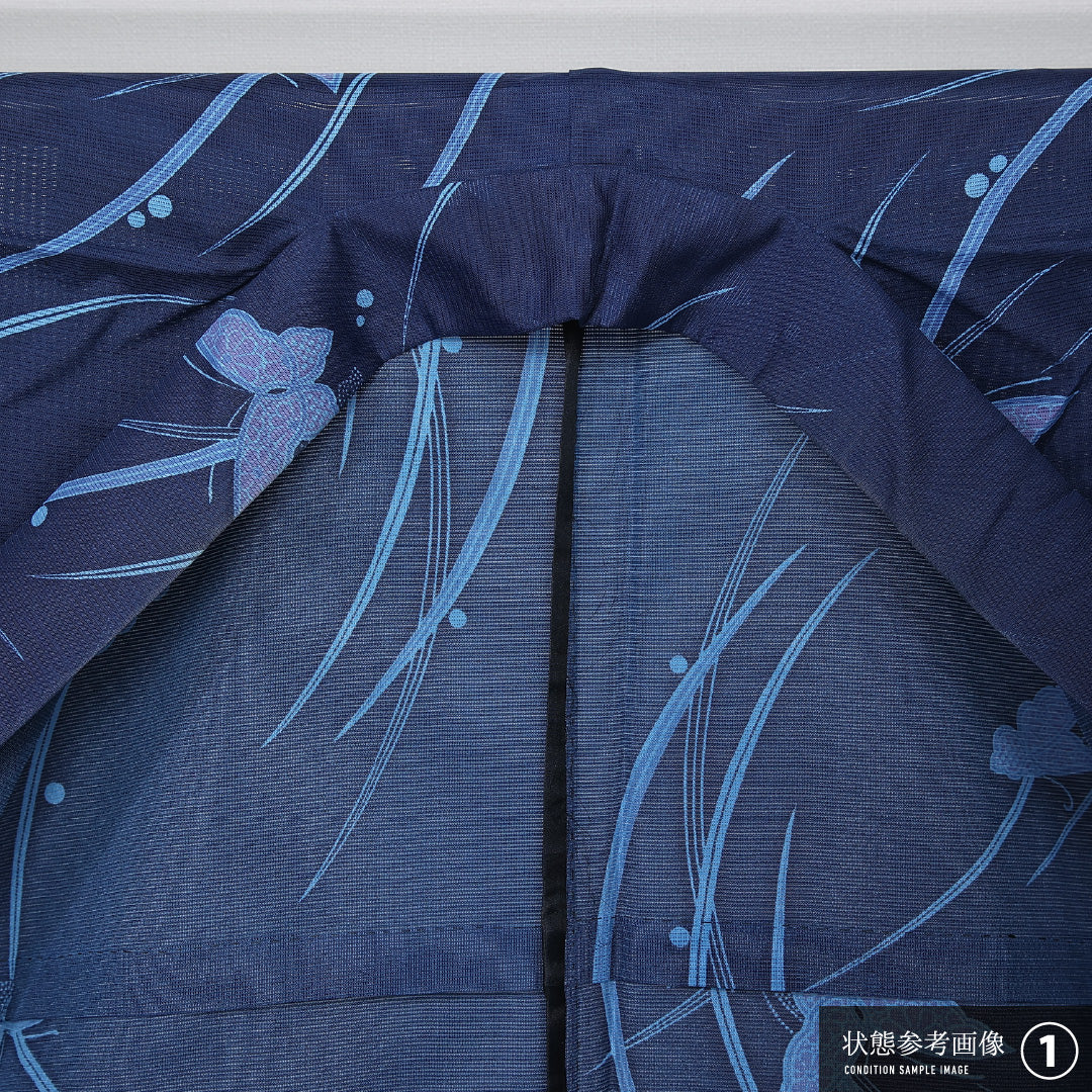 小紋 身丈159cm 裄丈66cm Bランク M 正絹 絽 バチ衿 露芝草 蝶 カジュアル 青系 1215-12160