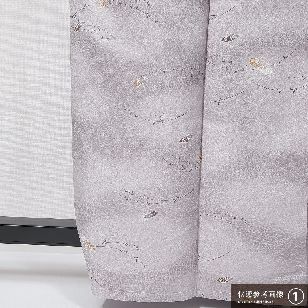 洗える着物 小紋 袷 身丈158cm 裄丈62cm ポリエステル Aランク インフォーマル 広衿 Mサイズ 扇 吉祥文様 グレー系 RP 1221-14904