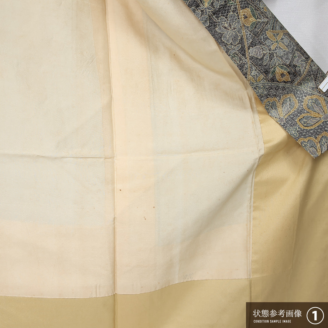 小紋 (お召) 袷 身丈160cm 裄丈64cm 正絹 Aランク インフォーマル 広衿 Lサイズ 花柄 緑系 RP 1221-11926