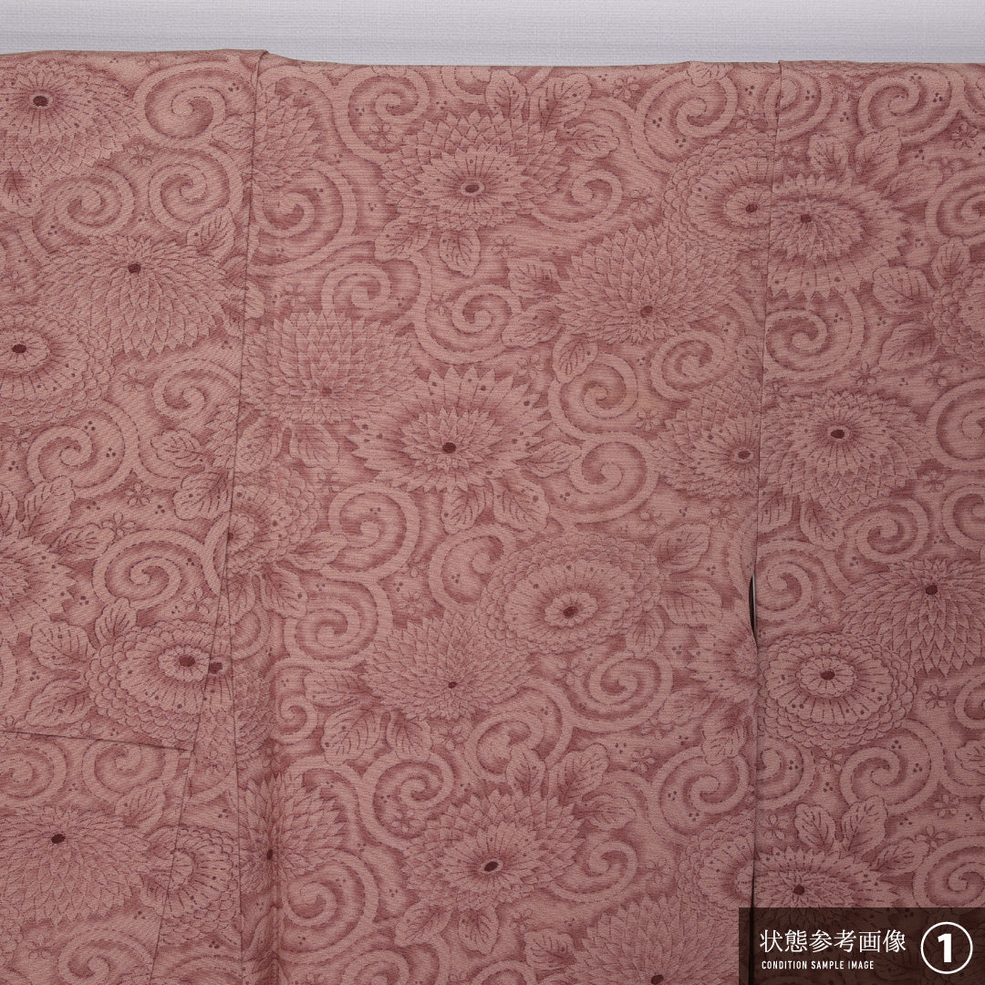 小紋 袷 身丈154cm 裄丈63cm 正絹 Aランク インフォーマル 広衿 Sサイズ 唐草 菊 ピンク系 M4 1221-11415