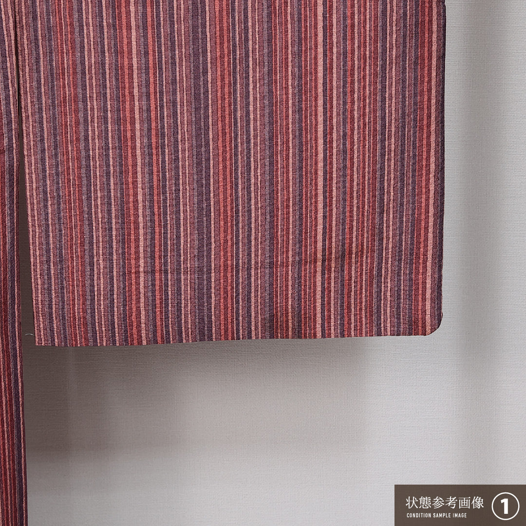 小紋 袷 身丈165cm 裄丈63cm 正絹 Bランク インフォーマル 広衿 XLサイズ 縞 ピンク系 HP 1221-14341
