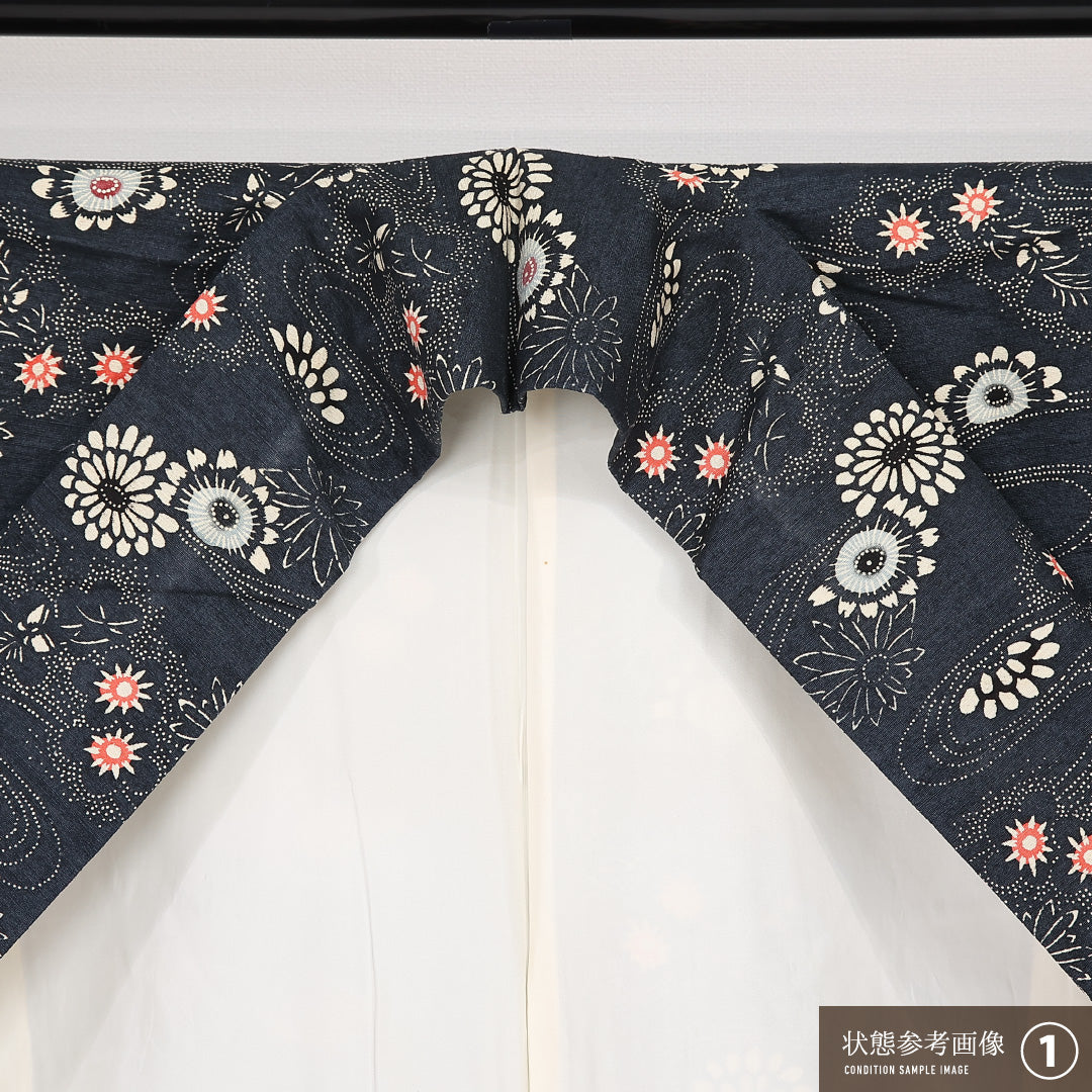 小紋 袷 身丈158cm 裄丈64cm 正絹 Aランク インフォーマル 広衿 Mサイズ 桜川 紺系 RP 1221-13162
