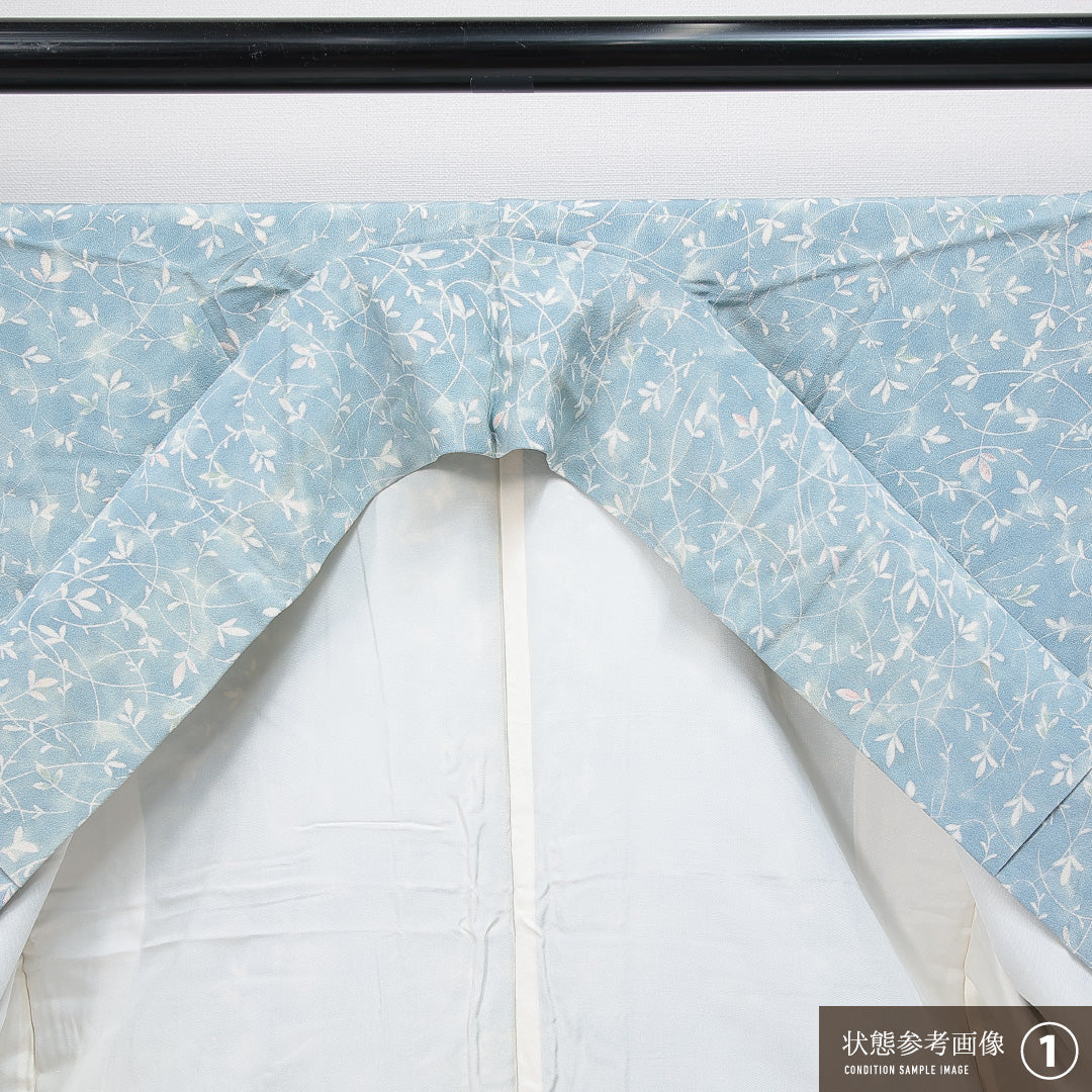 小紋 袷 身丈152cm 裄丈60cm 正絹 Aランク Sサイズ 広衿 インフォーマル 植物柄 水色系 1215-14860