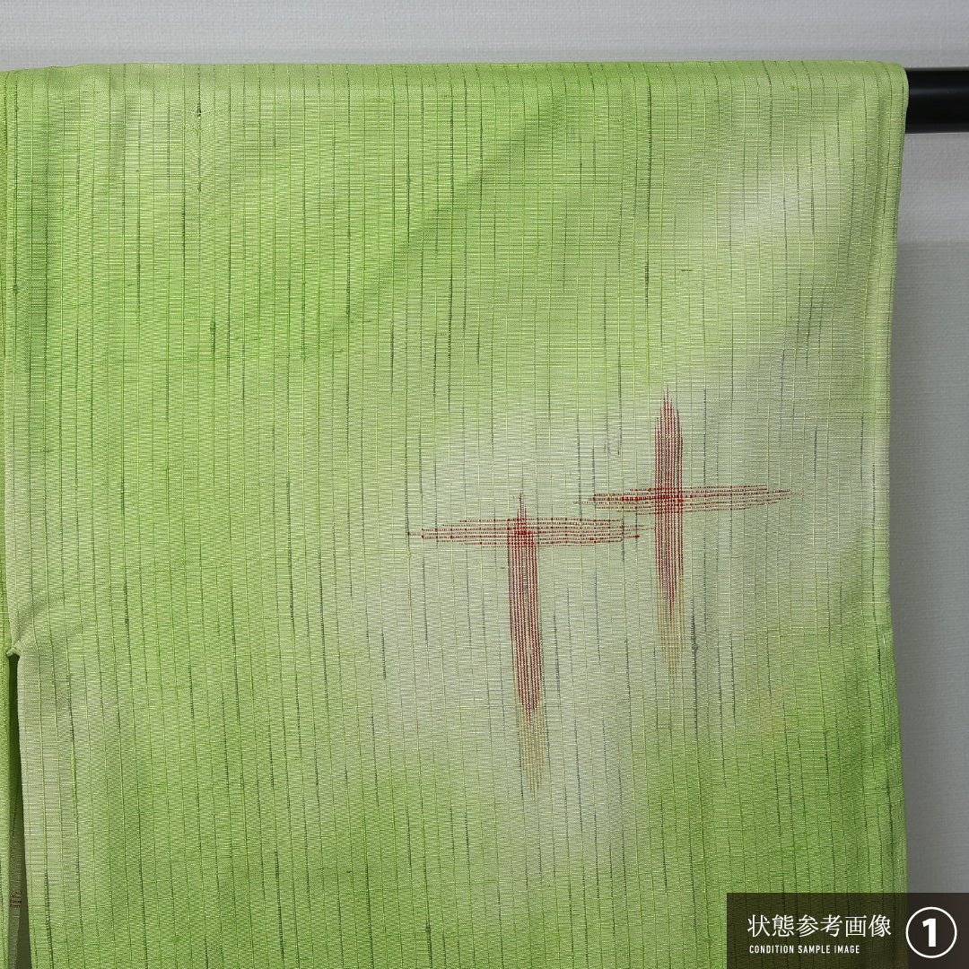 紬 単衣 身丈161cm 裄丈64cm 正絹 Aランク カジュアル 広衿 Lサイズ ぼかし染 十字絣 緑系 HP 1223-12265