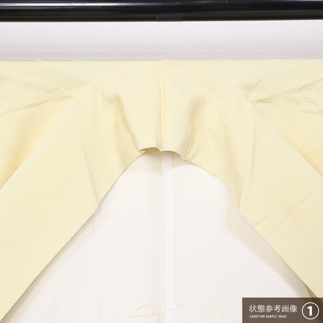 色無地 袷 身丈151cm 裄丈63cm 正絹 Bランク 紋意匠 (芝草) インフォーマル 広衿 Sサイズ 織り出し 無地 クリーム系 HP 1219-11191