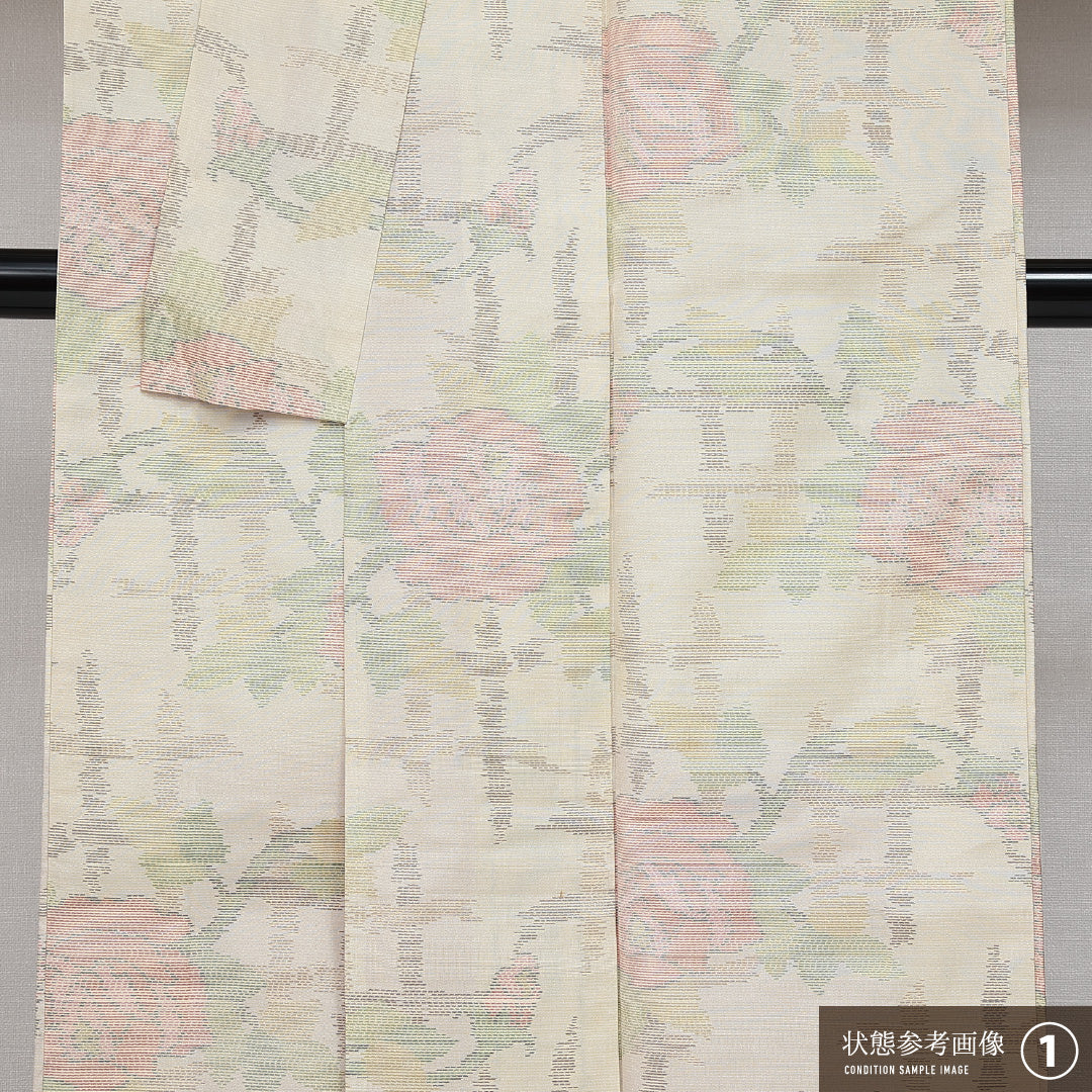 白大島紬 袷 身丈162cm 裄丈63cm 正絹 Bランク インフォーマル 広衿 Lサイズ 緯総絣 薔薇 白系 RP 1223-14458