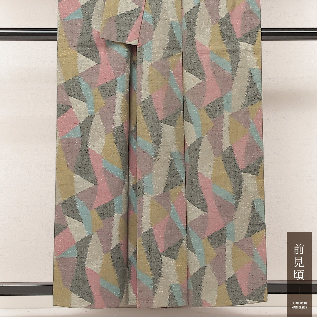 紬 単衣 身丈142cm 裄丈65cm 正絹 Aランク カジュアル 広衿 Mサイズ 居敷当て 肩当て 創作柄 多色系 RP 1223-17217