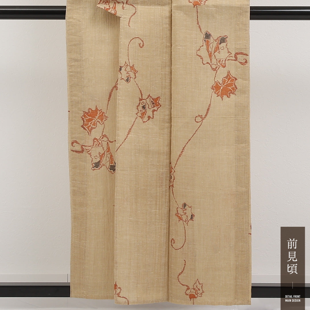 夏物 洗える着物 麻の紬 身丈153cm 裄丈62cm 麻 Cランク カジュアル バチ衿 Sサイズ 蔦 ベージュ系 RP 1223-17288