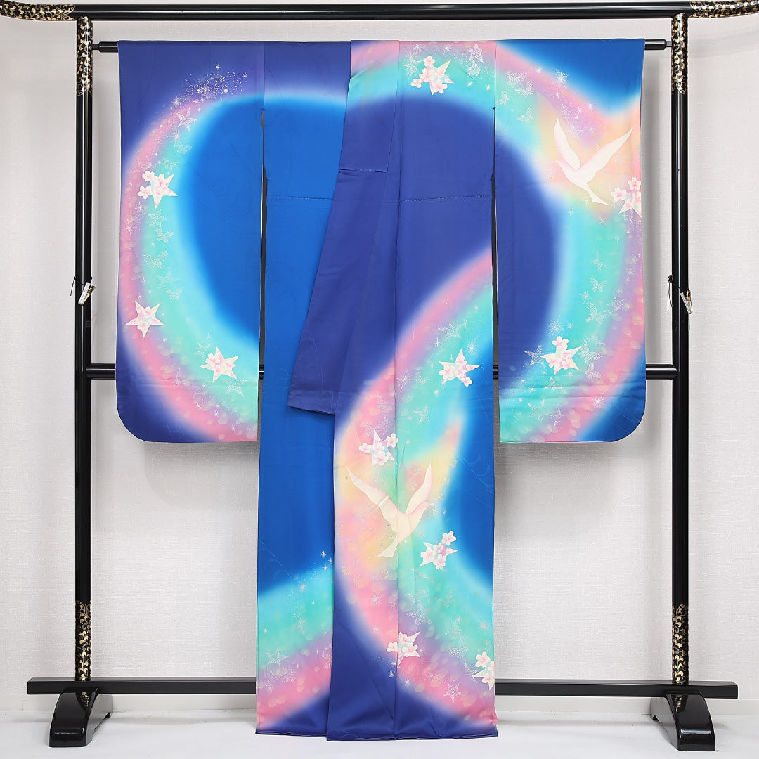 振袖 袷 身丈166cm 裄丈66cm 正絹 Aランク フォーマル 広衿 XLサイズ 蝶 鳩 青系 RP 1215-06802