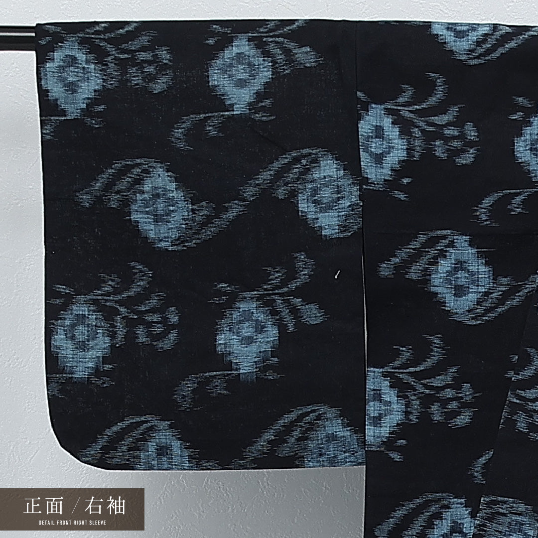 アンティーク 夏物 洗える着物 木綿の紬 夏紬 身丈142cm 裄丈61cm 木綿 Aランク バチ衿 XSサイズ 肩当て 植物柄 紺系 RP 1223-17247