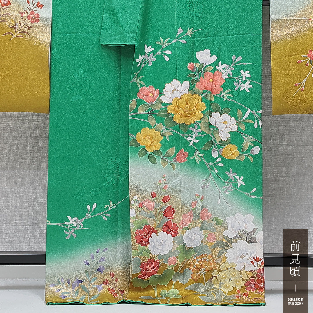 振袖 袷 身丈168cm 裄丈68cm 正絹 Sランク フォーマル 広衿 XLサイズ 金駒刺繍 椿 緑系 RP 1215-07014