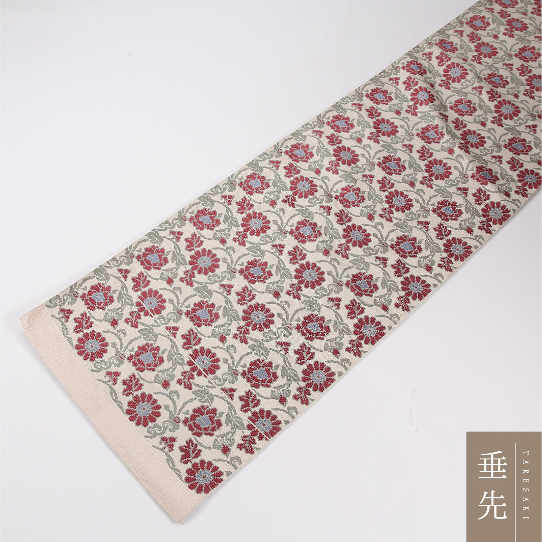 八寸名古屋帯 Sランク 帯丈362cm 正絹 六通 松葉仕立て 織り インフォーマル 菊 黄の混ざった淡いクリーム系 RP 1245-04569