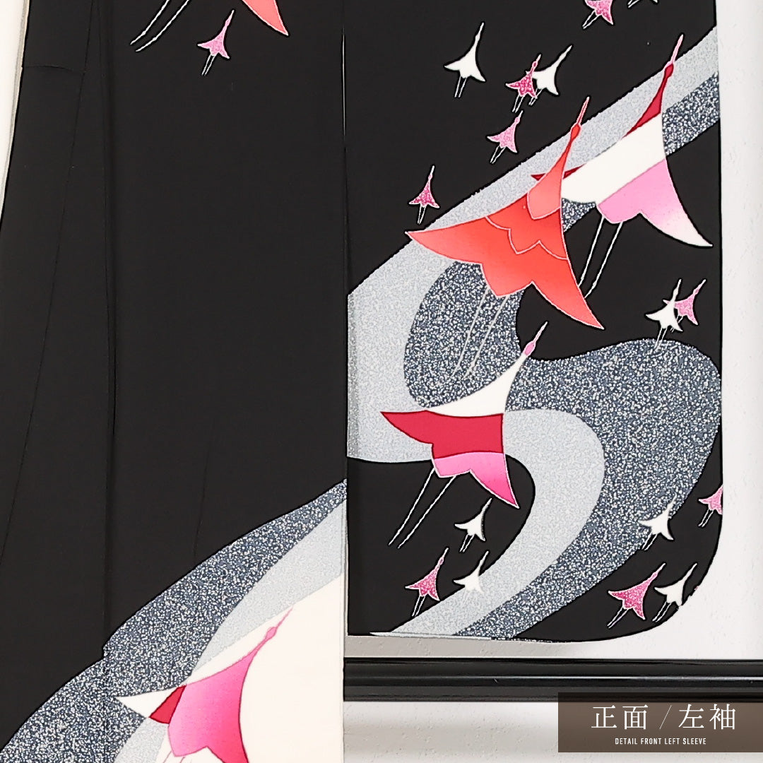 洗える着物 振袖 袷 身丈152cm 裄丈60cm ポリエステル Cランク フォーマル バチ衿 Lサイズ 鶴 琳派 白系 RP 1215-17444