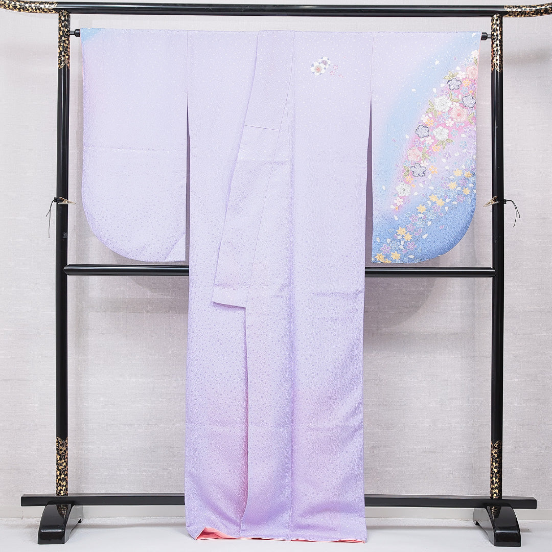 洗える着物 小振袖 袷 身丈170cm 裄丈68cm ポリエステル Sランク セミフォーマル 広衿 2XLサイズ 桜 紫系 RP 1216-07034