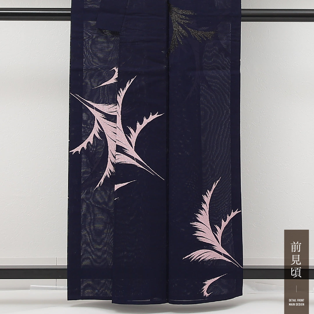 夏物 小紋 紗 身丈159cm 裄丈64cm 正絹 Cランク インフォーマル バチ衿 Sサイズ 植物柄 紺系 RP 1221-17238