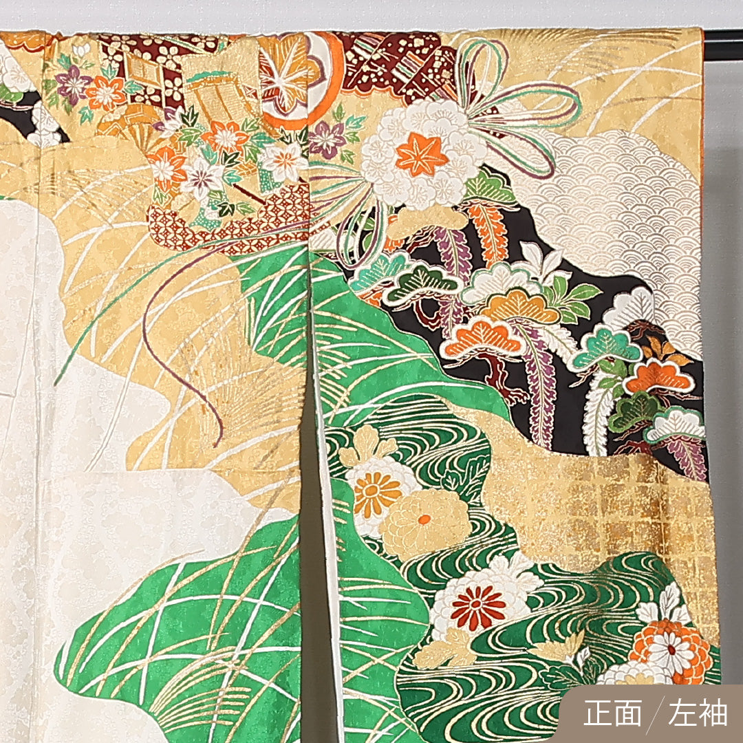 振袖 袷 身丈158cm 裄丈63cm 正絹 Bランク フォーマル 広衿 Mサイズ 刺繍 貝桶 牡丹 松 多色系 RP 1215-06738