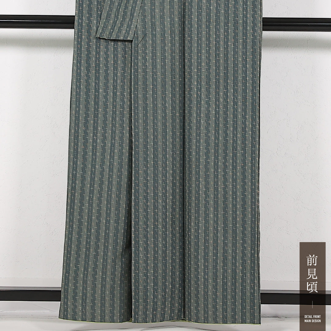 洗える着物 小紋 袷 身丈157cm 裄丈65cm ポリエステル Sランク インフォーマル 広衿 Sサイズ 縞 緑系 RP 1221-17426