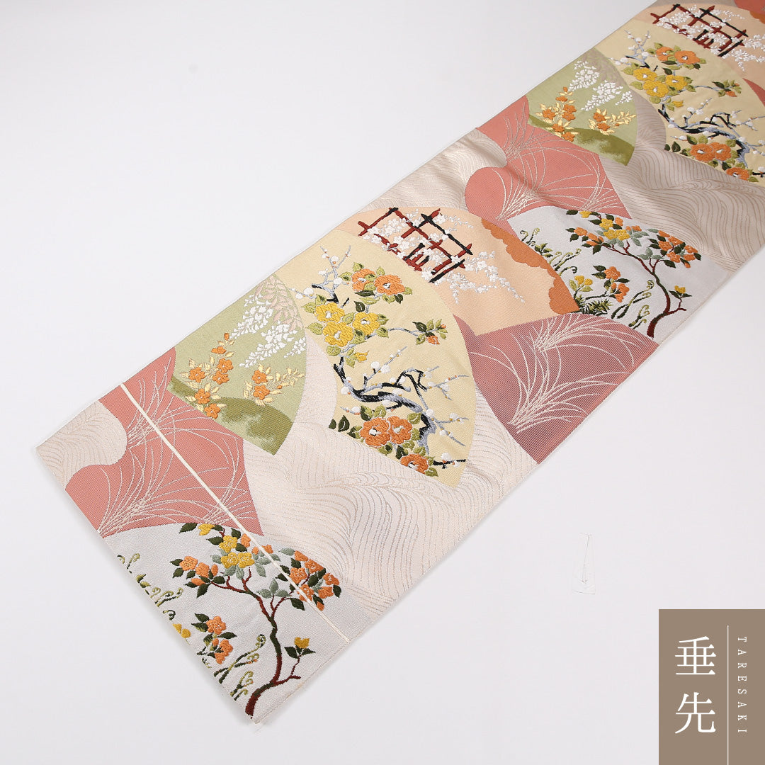 扇面文 袋帯 帯丈428cm 正絹 六通 フォーマル 梅 クリーム系 ピンク系 1243-02595
