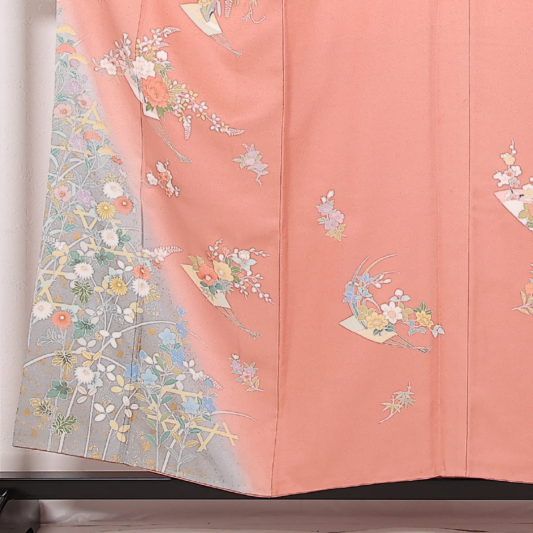 訪問着 袷 身丈155cm 裄丈64cm 正絹 Sランク セミフォーマル 広衿 Mサイズ 花扇 ピンク系 RP 1217-17527