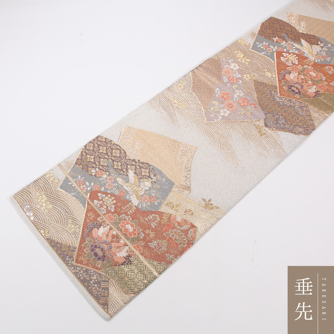 袋帯 帯丈428cm 正絹 六通 フォーマル クリーム系 銀系 1243-02585