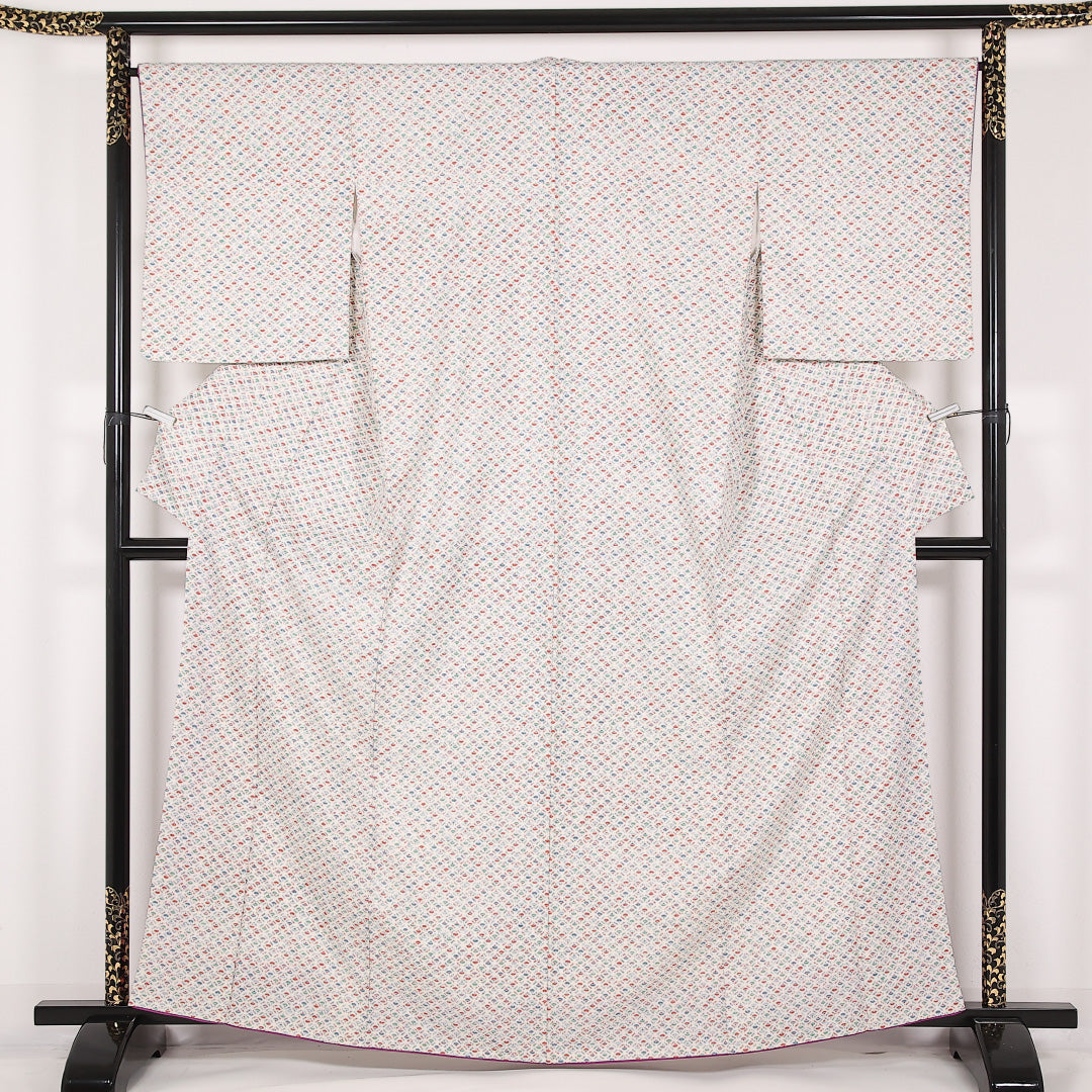 小紋 袷 身丈162cm 裄丈66cm 正絹 Sランク インフォーマル 広衿 XSサイズ 扇 白系 RP 1221-17515