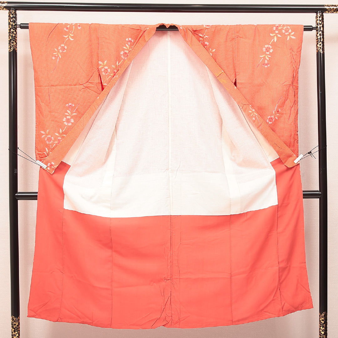 アンティーク 小紋 袷 身丈140cm 裄丈63cm 正絹 Cランク バチ衿 XSサイズ 金彩 撫子 朱系 LP 1221-17198