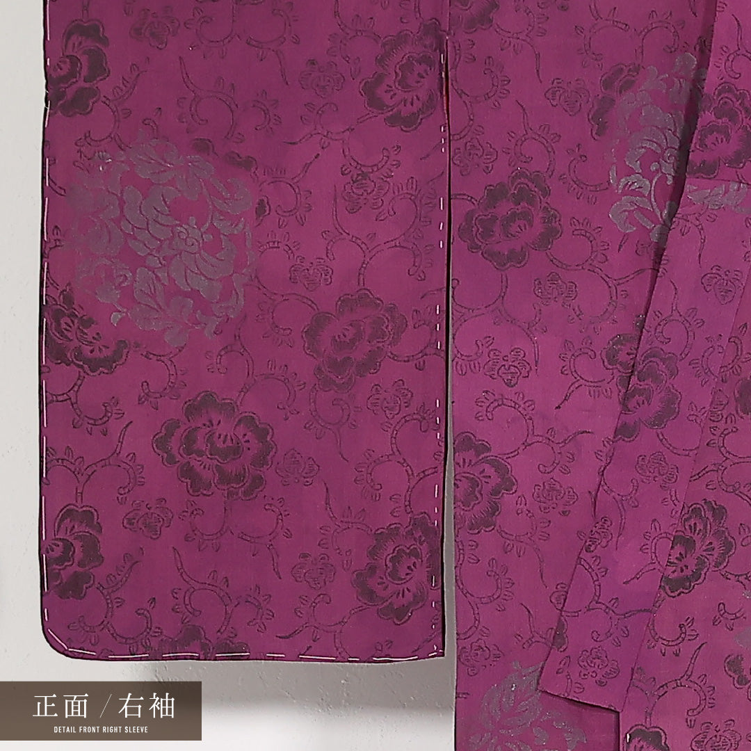 アンティーク 小振袖 (錦紗) 袷 身丈151cm 裄丈63cm 正絹 Aランク バチ衿 XSサイズ 唐草 紫系 M4 1216-17552
