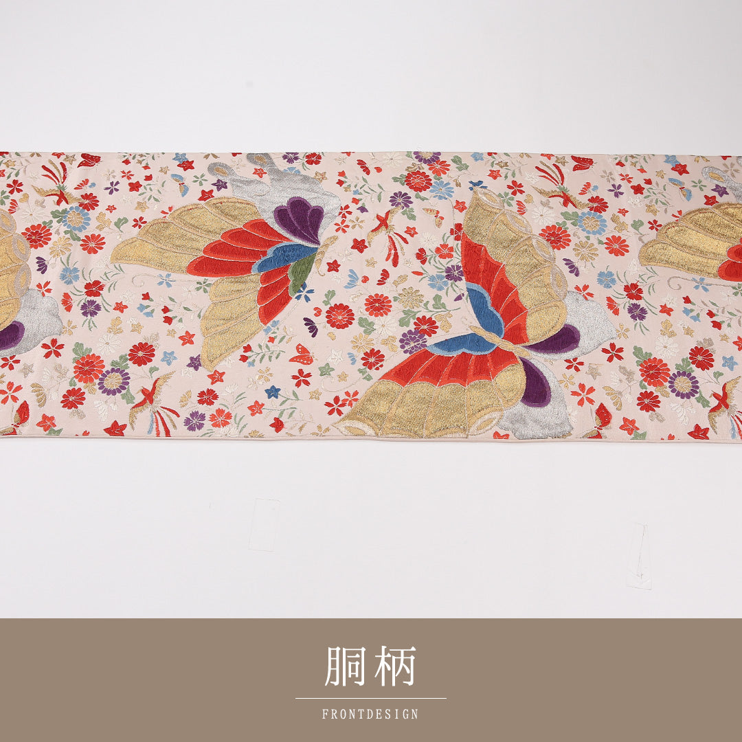 蝶 袋帯 帯丈424cm 正絹 六通 セミフォーマル 菊 クリーム系 ピンク系 1243-02612