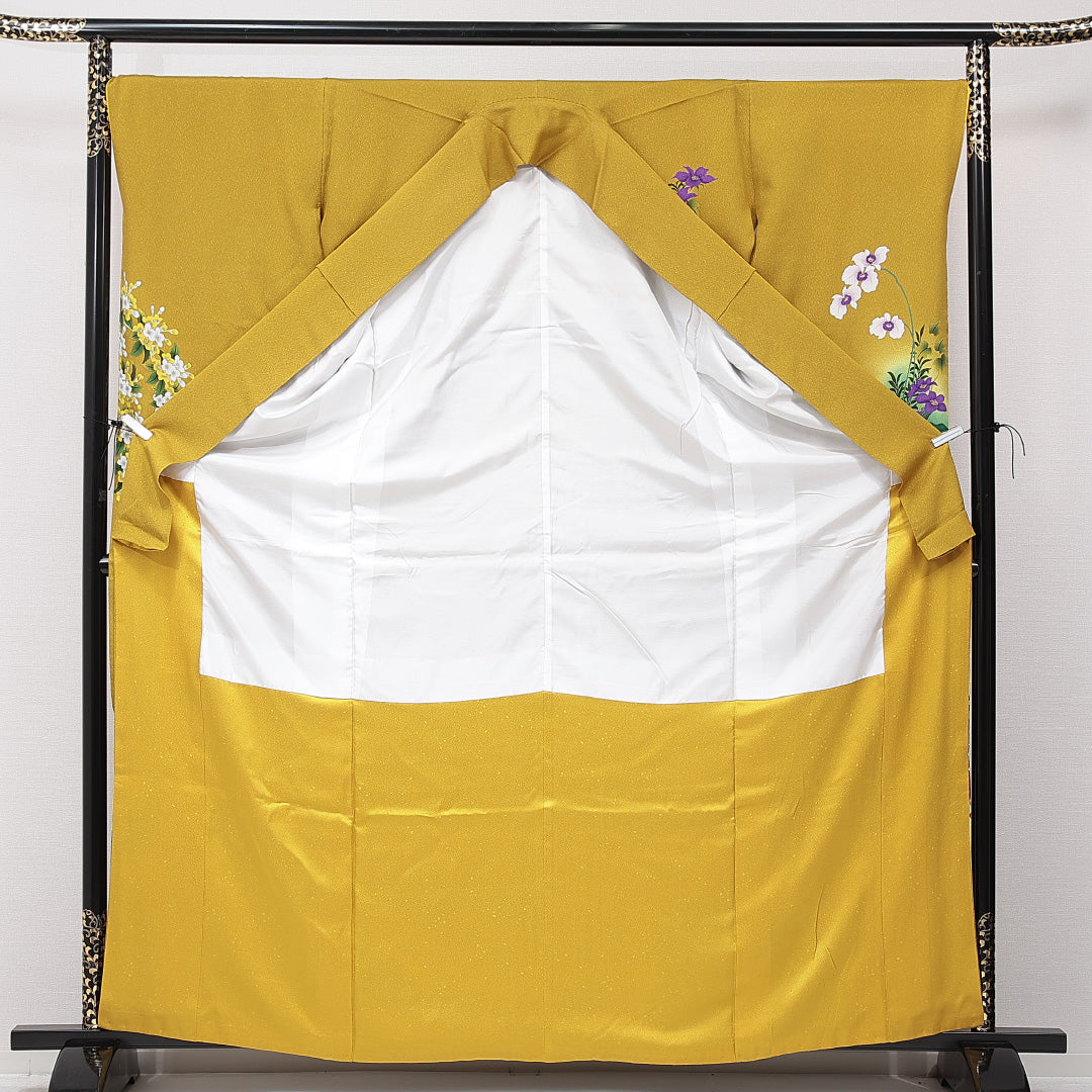 振袖 袷 身丈162cm 裄丈67cm 正絹 Sランク フォーマル 広衿 Lサイズ 百合 黄系 RP 1215-06981
