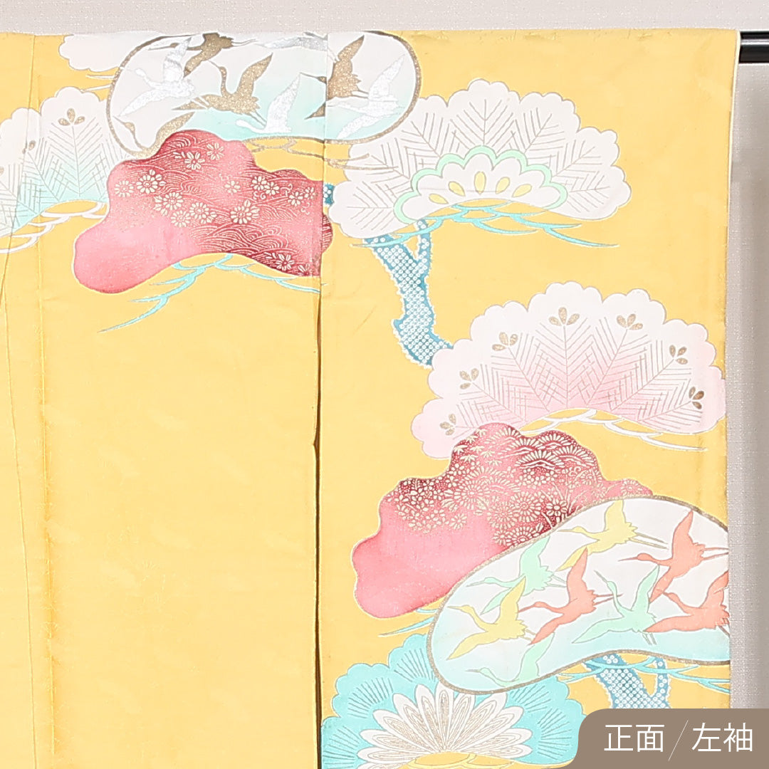 洗える着物 振袖 袷 身丈162cm 裄丈64cm ポリエステル Cランク フォーマル 広衿 Lサイズ 鶴 松 黄系 LP 1215-06803