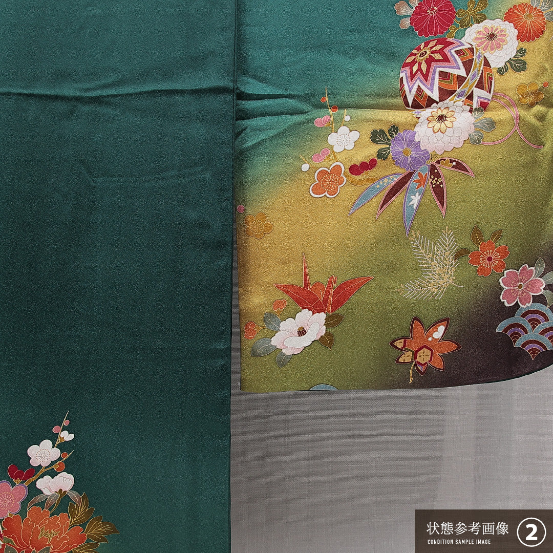 振袖 袷 身丈167cm 裄丈71cm 正絹 Aランク フォーマル 広衿 XLサイズ 毬 牡丹 緑系 RP 1215-06985