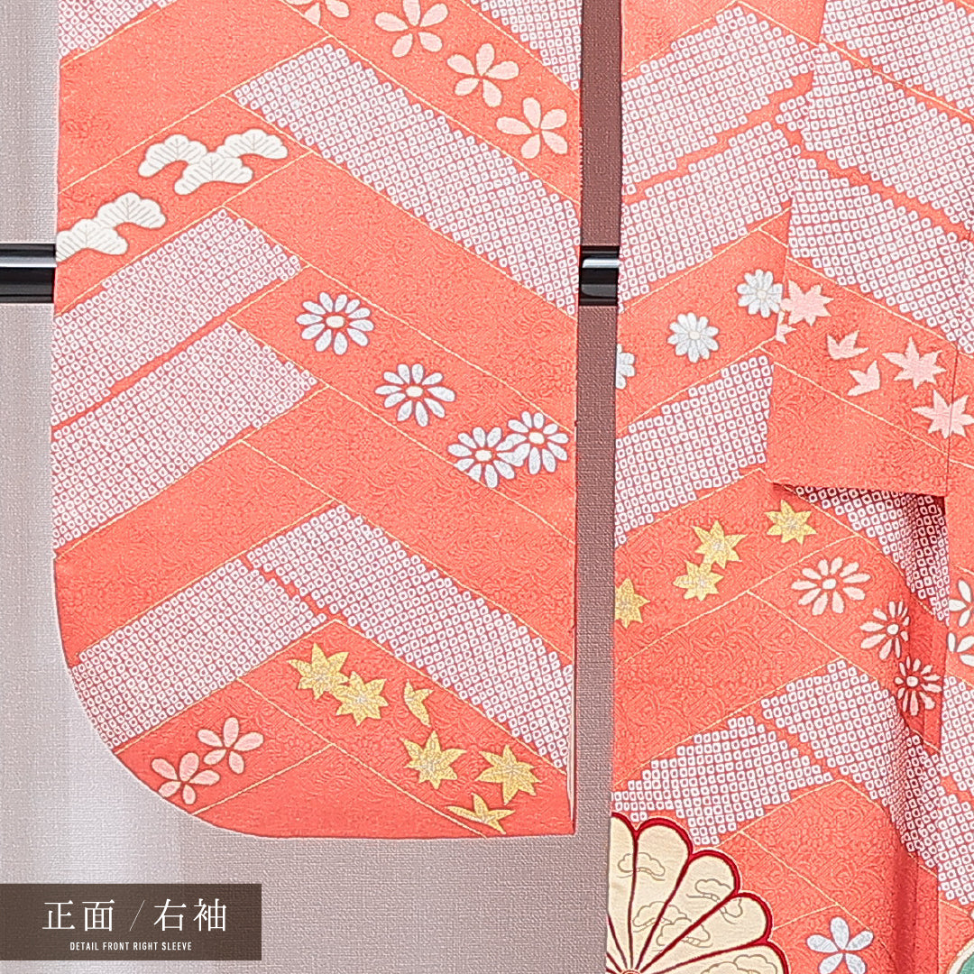 振袖 袷 身丈167cm 裄丈65cm 正絹 Cランク フォーマル 広衿 XLサイズ 金駒刺繍 菊 桐 朱系 HP 1215-06930