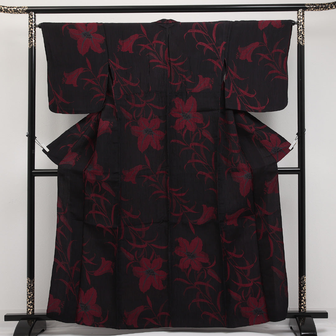 夏物 洗える着物 麻の紬 身丈160cm 裄丈65cm 麻 Aランク カジュアル 広衿 Mサイズ 百合 黒系 M4 1223-17297