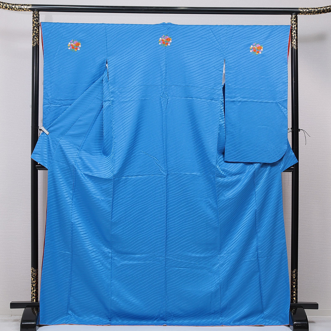 洗える着物 小振袖 袷 身丈172cm 裄丈67cm ポリエステル Sランク セミフォーマル 広衿 2XLサイズ 刺繍 牡丹 菊 青系 RP 1216-07054