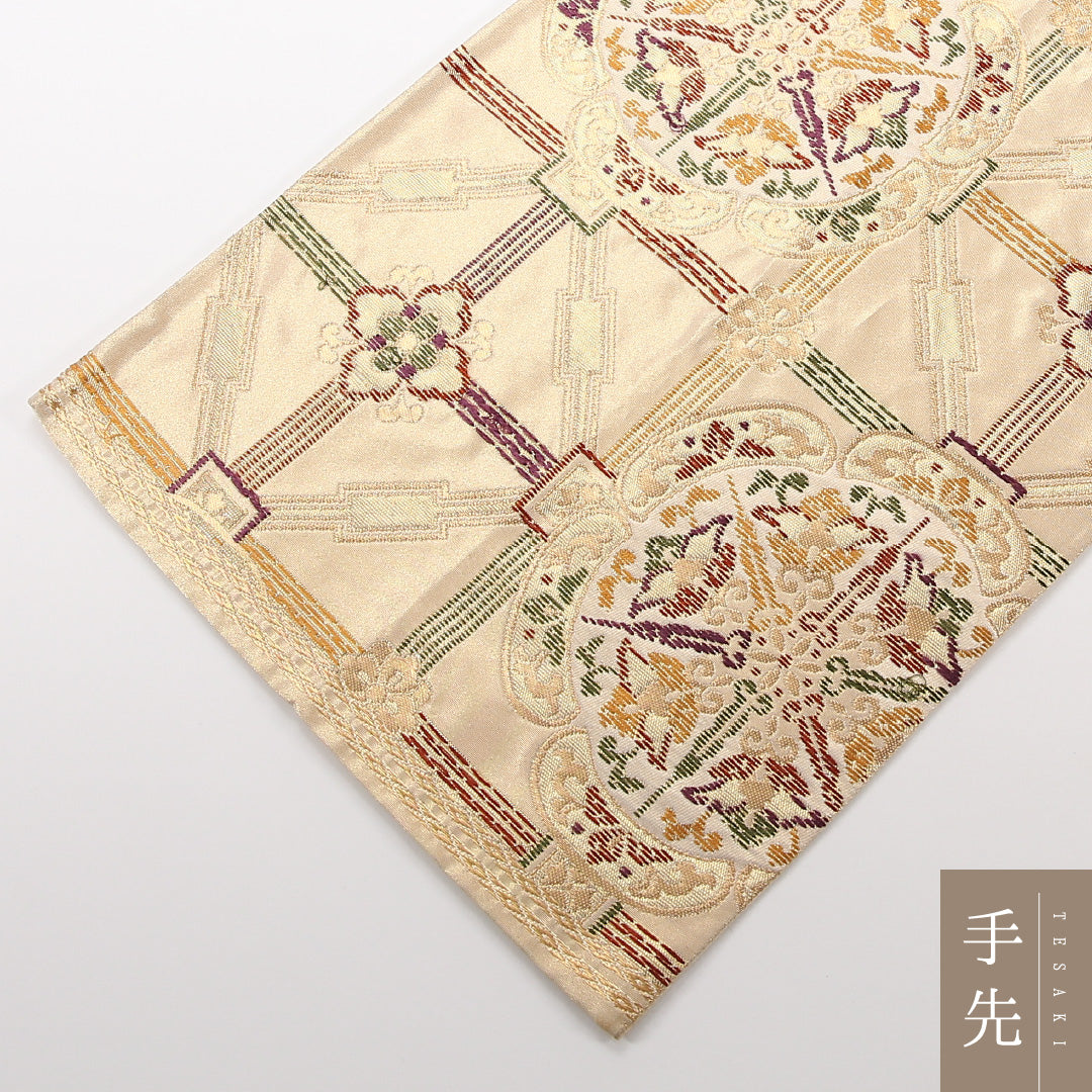 袋帯 帯丈424cm 正絹 六通 フォーマル 宝相華 金系 1243-02527