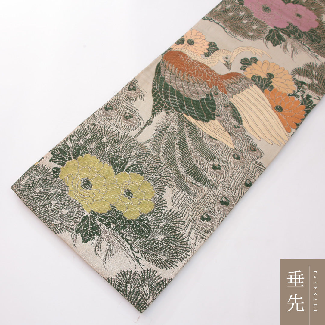 アンティーク 丸帯 帯丈376cm 正絹 全通 孔雀 菊 グレー系 1242-02422