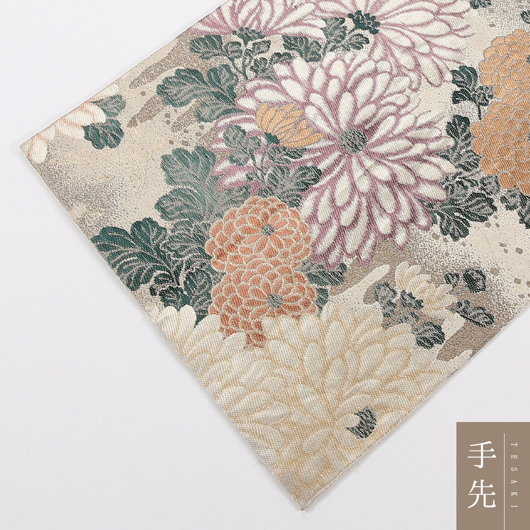 アンティーク 丸帯 帯丈396cm 正絹 全通 菊 クリーム系 1242-02560