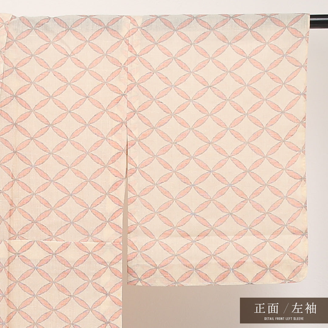 夏物 洗える着物 麻の紬 身丈155cm 裄丈62cm 麻 Cランク カジュアル バチ衿 Lサイズ 七宝 クリーム系 RP 1223-17296