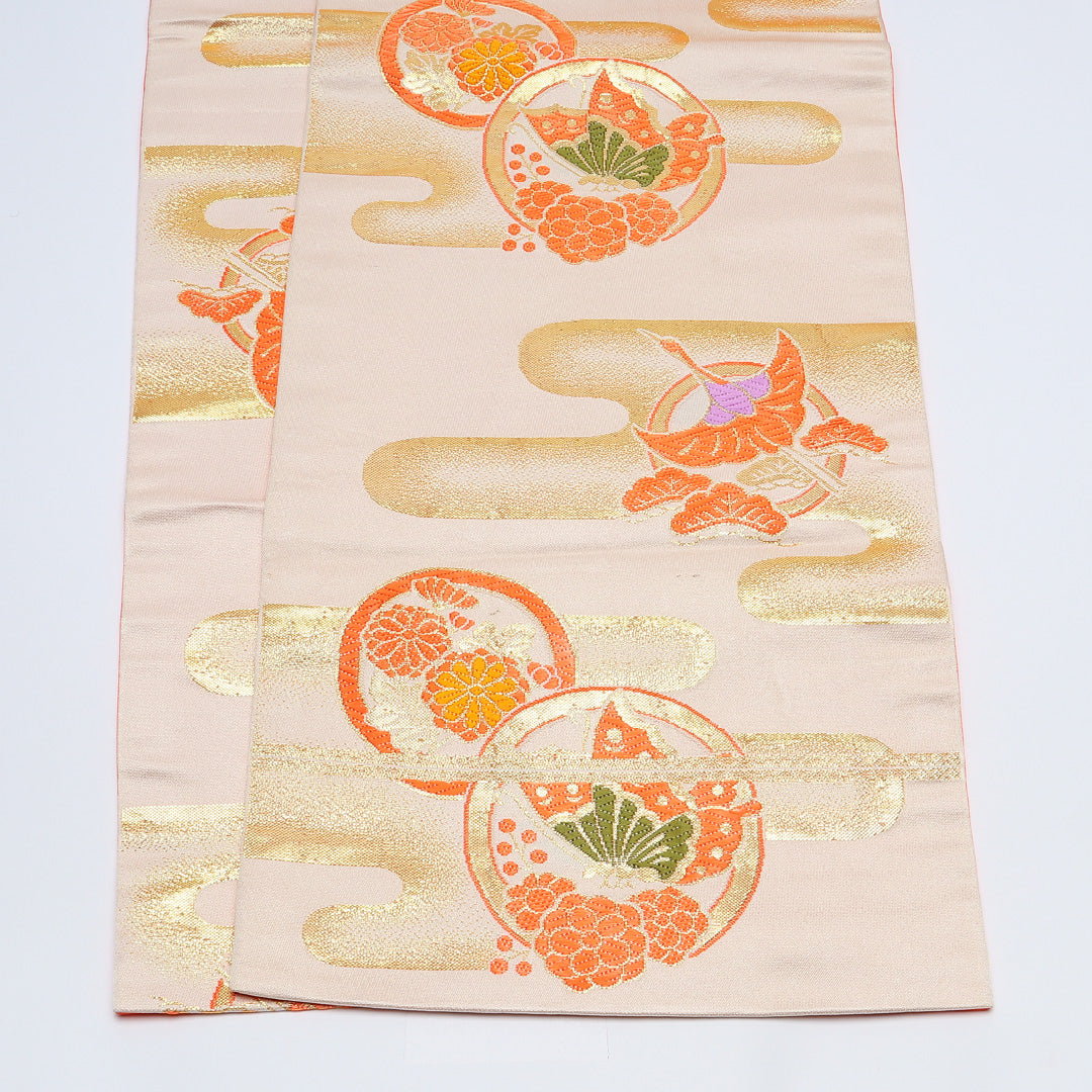 六寸帯 帯丈392cm 正絹 全通 小袋帯 カジュアル 鶴 エ霞 クリーム系 1246-00614