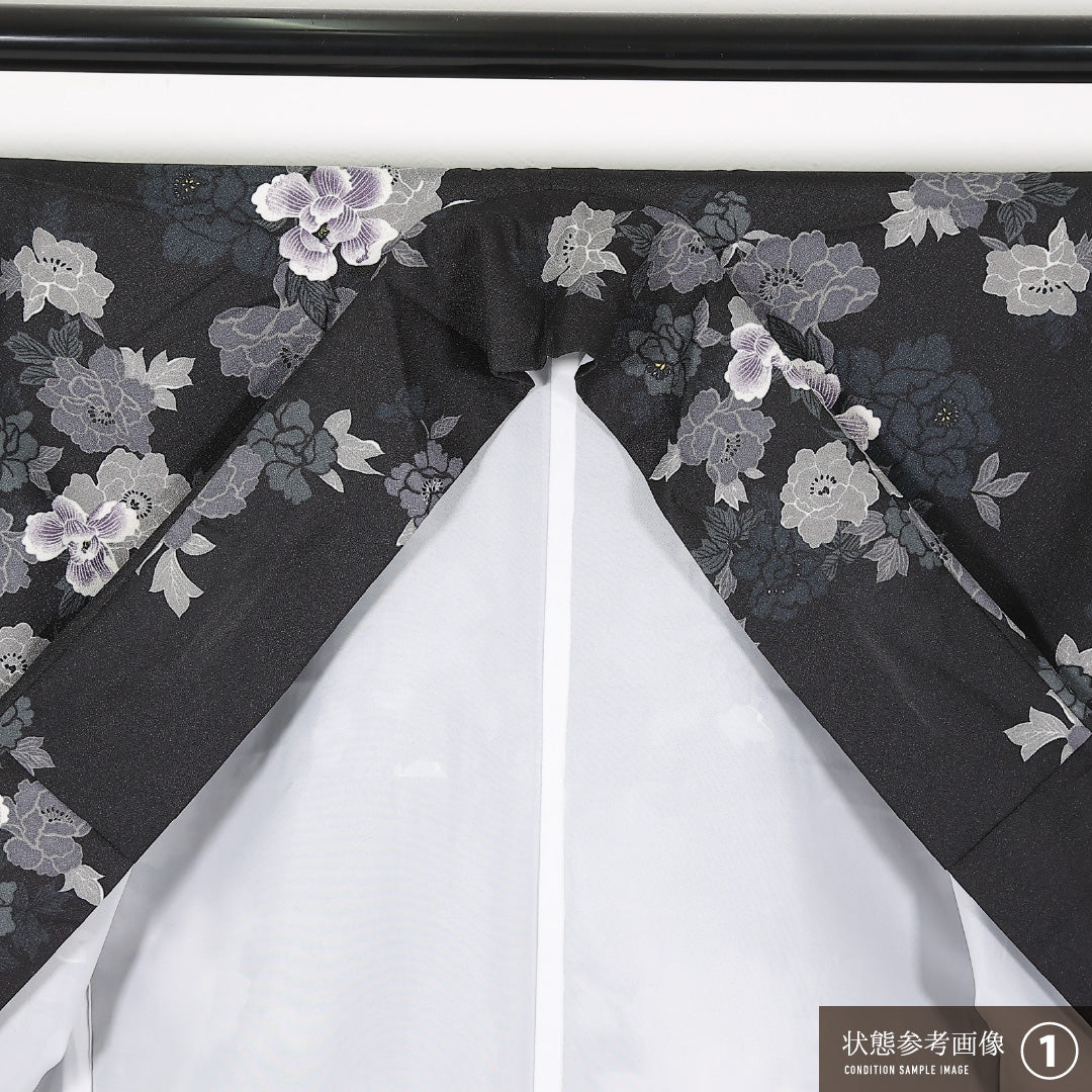 洗える着物 小紋 袷 身丈166cm 裄丈67cm ポリエステル Sランク インフォーマル 広衿 2XLサイズ 牡丹 黒系 RP 1221-17442