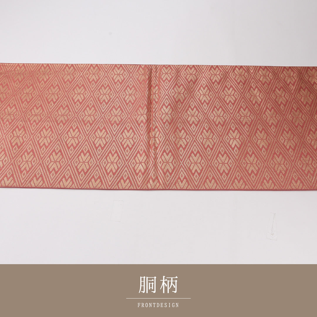 菱 袋帯 帯丈428cm 正絹 六通 セミフォーマル 朱系 金系 1243-02632