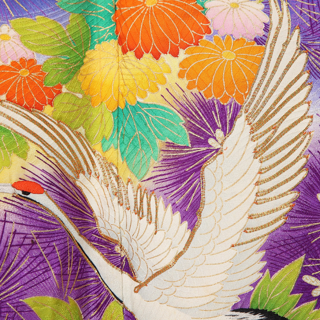 振袖 袷 身丈164cm 裄丈66cm 正絹 Bランク フォーマル 広衿 Lサイズ 鶴 菊 松 クリーム系 RP 1215-06739