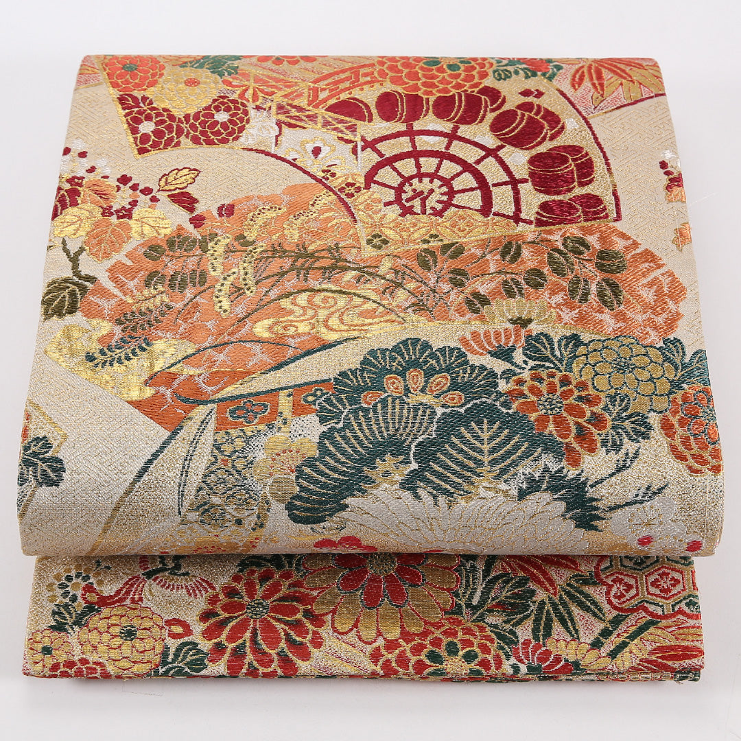 アンティーク 丸帯 帯丈388cm 正絹 全通 扇面文 菊 松 ベージュ系 1242-02566