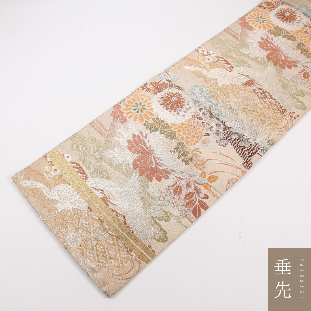 アンティーク 丸帯 帯丈380cm 正絹 全通 鶴 菊 ベージュ系 1242-02571