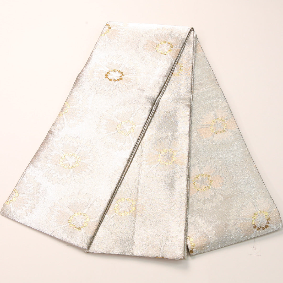 半幅帯 帯丈350cm ポリエステル 全通 小袋帯 カジュアル 撫子 金銀糸 銀系 1247-00766
