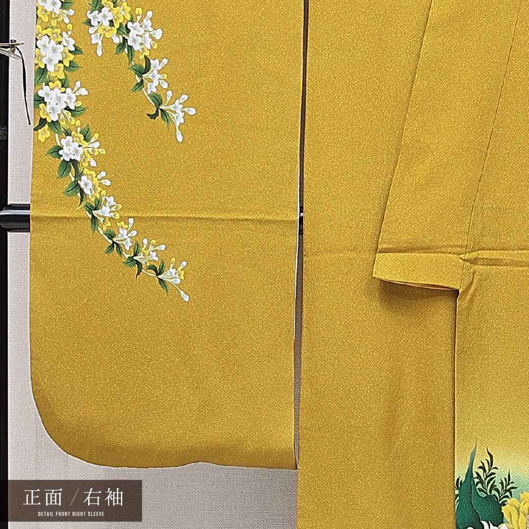 振袖 袷 身丈162cm 裄丈67cm 正絹 Sランク フォーマル 広衿 Lサイズ 百合 黄系 RP 1215-06981