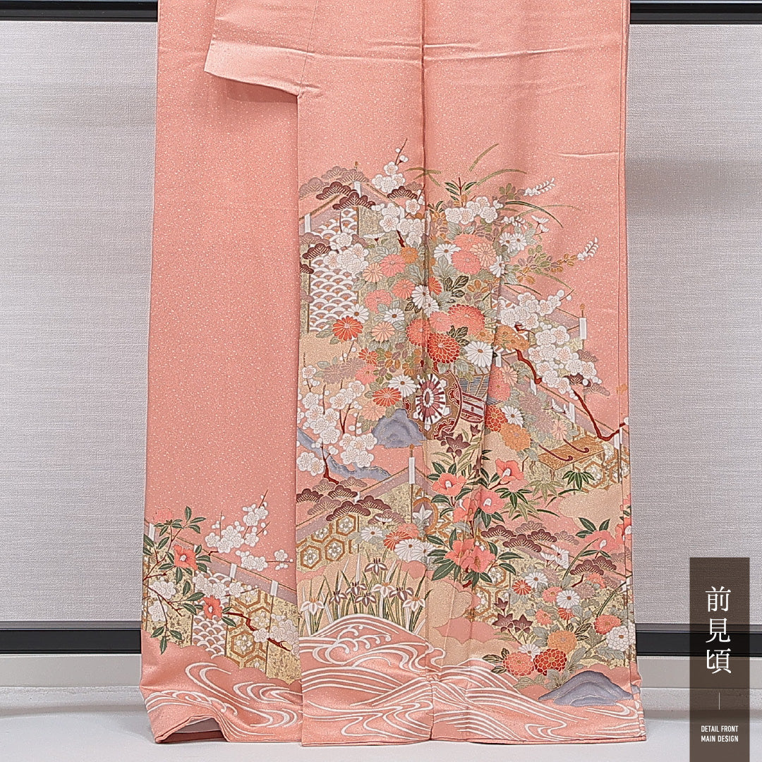色留袖 袷 身丈165cm 裄丈65cm 正絹 Sランク 三つ紋 (五三桐) フォーマル 広衿 XLサイズ 比翼 御所解 ピンク系 RP 1214-07076