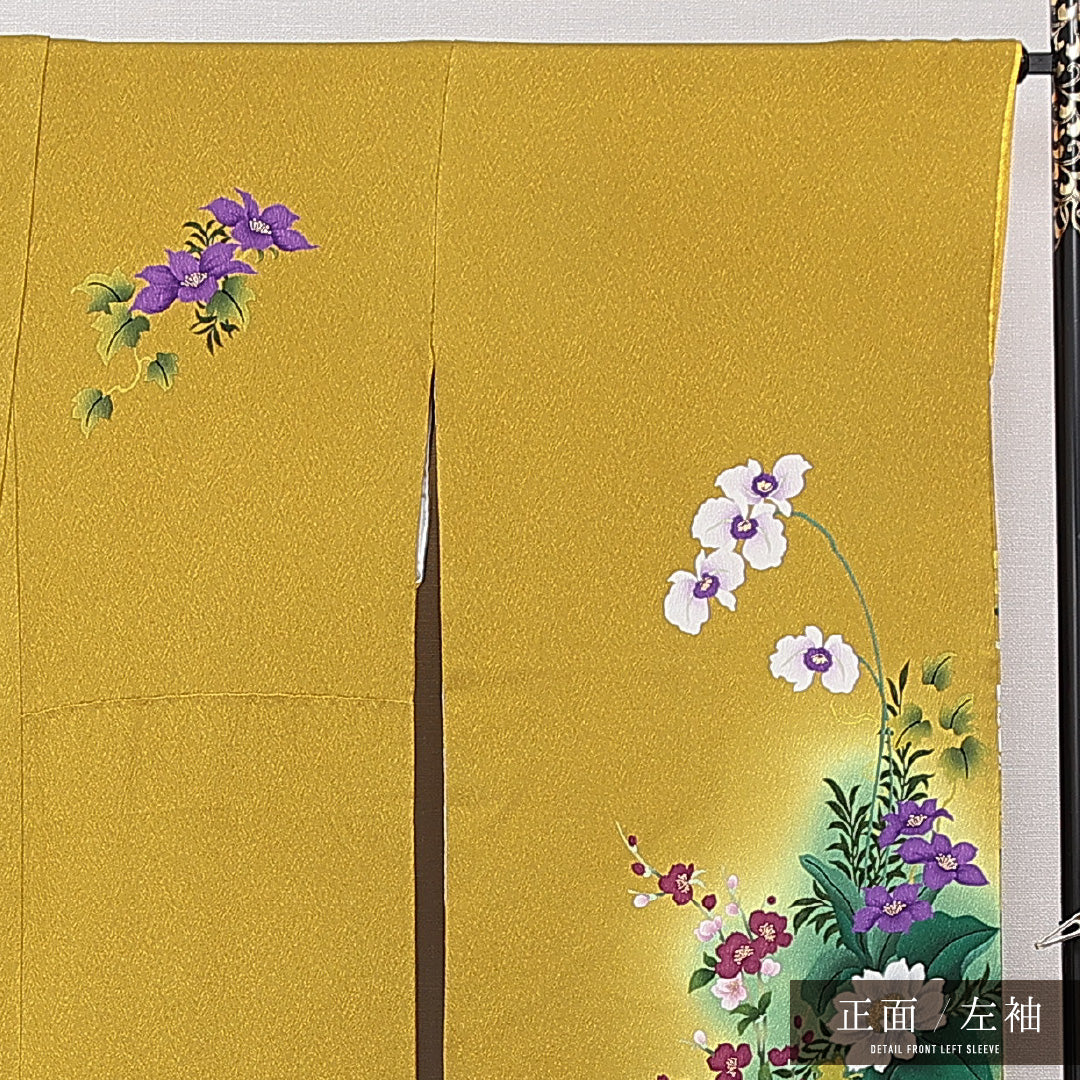 振袖 袷 身丈162cm 裄丈67cm 正絹 Sランク フォーマル 広衿 Lサイズ 百合 黄系 RP 1215-06981